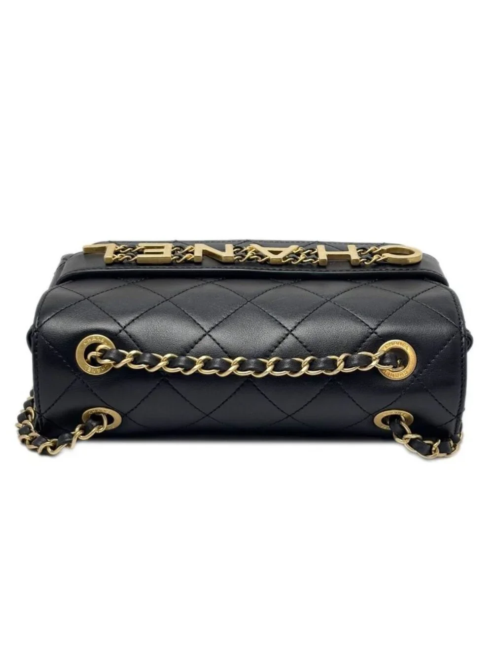 Chanel Shoulder Bag Quilted Logo Chain Black Gold Lambskin